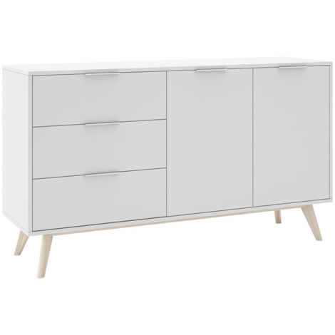 BLAJK - Buffet 140cm 2 Portes 3 Tiroirs Scandinave MDF et Pin Massif Naturel et Blanc