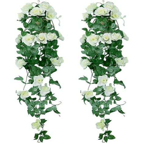 Blanc, 2 Pices 85cm Plantes Suspendues Artificielles - Faux Soie Rose Fleurs Suspendus Guirlande Rotin Ivy Vigne Pour La Dcoration De Noce Jardin