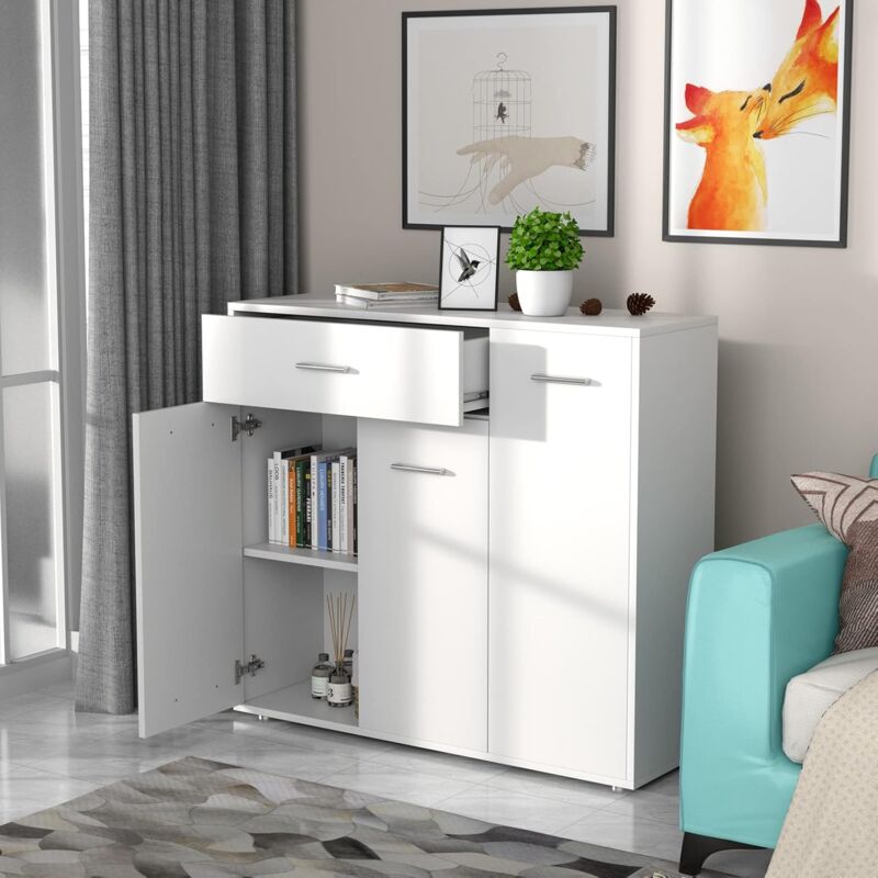 Buffet de Cuisine Commode Meuble de Rangement avec 1 Tiroir et 3 Portes en MDF 90 x 29 x 82 CM (L x l x H) Commode Naturel - Costway