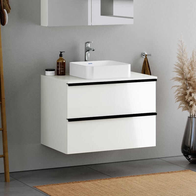 Meuble mural suspendu mdf de salle de bain design sous-vasque avec 2 tiroirs pour salle de bain - 80x57,3x55cm - Blanc brillant - durapoint Blanc