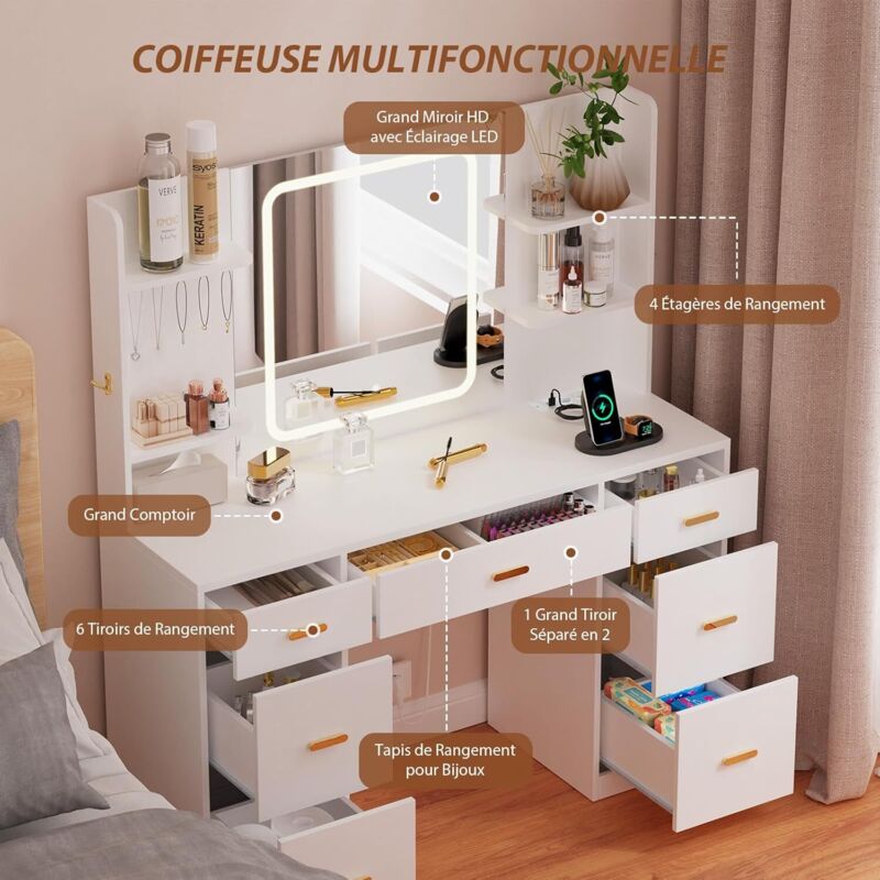 blanc Coiffeuse Miroir Coiffeuse Éclairage LED DEWINNER, 107 x 40 x 140 cm, Luminosité Réglable, 7 Tiroirs, 4 Étagères et 5 Crochets, Support
