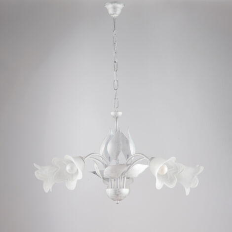 Blanc Lustre en fer argenté cinq lumières Albâtre Verre blanc 68x h43 cm