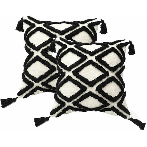 Blanc Noir Boho Rembourrage Taie d'oreiller Lot de 2, taie d'oreiller en velours tufté super doux avec franges classique motif ondulé, s'adapte au canapé 45,7 x 45,7 cm, ligne noire-