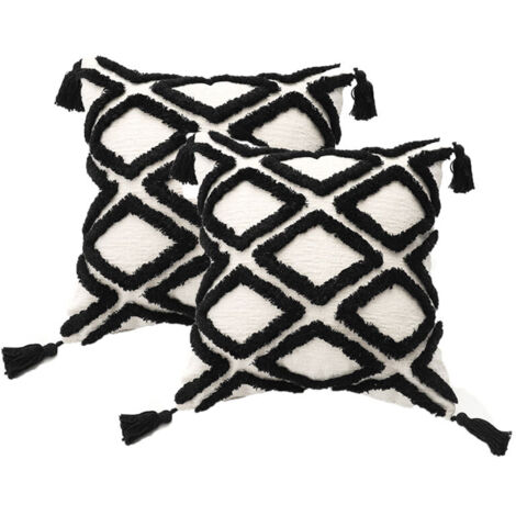 Blanc Noir Boho Rembourrage Taie d'oreiller Lot de 2, taie d'oreiller en velours tufté super doux avec franges classique motif ondulé, s'adapte au canapé 45,7 x 45,7 cm, ligne noire