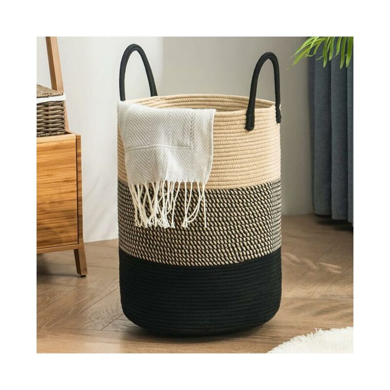 Noir Panier à Linge Coton Pliable Sac Linge Sale Grande Capacité avec Poignée Corbeille a Linge