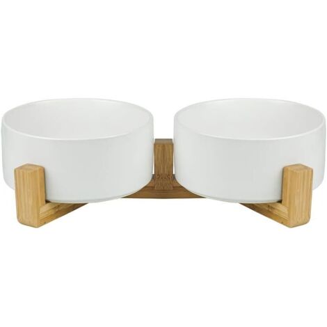 Blanc Pet Gamelles pour Chien et Chat Gamelles Chien Chat Céramique Support Bambou -Va au Lave-Vaisselle et Facile à Nettoyer (2 Bol)-Fei Yu