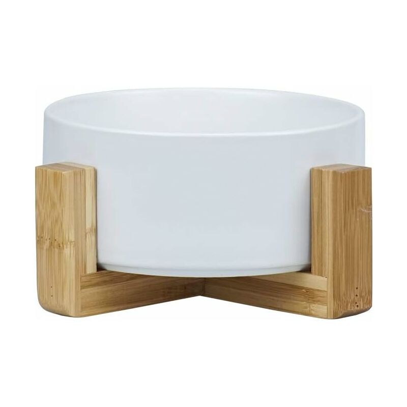 Fei Yu - Blanc Pet Gamelles pour Chien et Chat Gamelles Chien Chat Céramique Support Bambou -Va au Lave-Vaisselle et Facile à Nettoyer