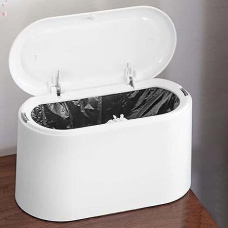 Blanc , Petite Poubelle de Table avec Couvercle à Bouton-Poussoir Poubelle de Bureau Blanche Mini Poubelle de Table Plastique Poubelle de Table Cuisine Portable pour Coiffeuse, Chambre, Comptoir