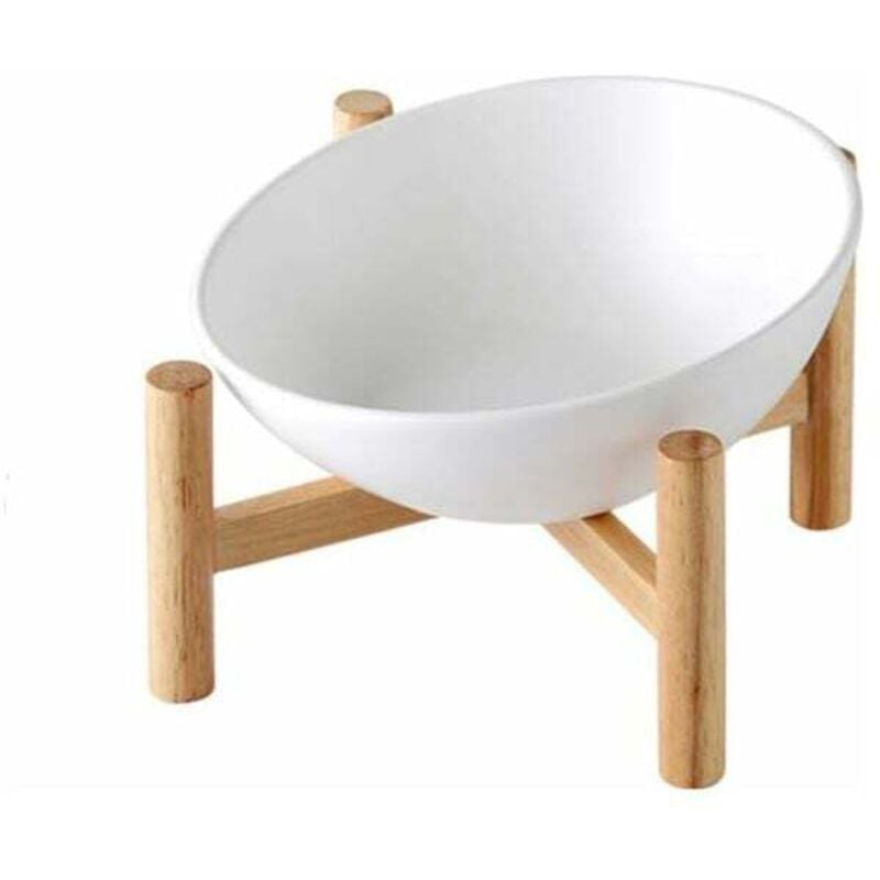 Blanc Porte-gamelle Surélevée Gamelle incliné pour Chien et Chat Céramique avec Bambou Support en Bois Petit