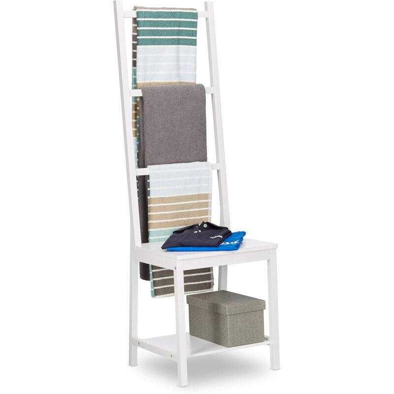 Blanc Porte Portant Range-Serviettes Bain Valet de Chambre Chaise de Lit SDB Bambou 133x40x42cm, 42 x 40 x 133 cm