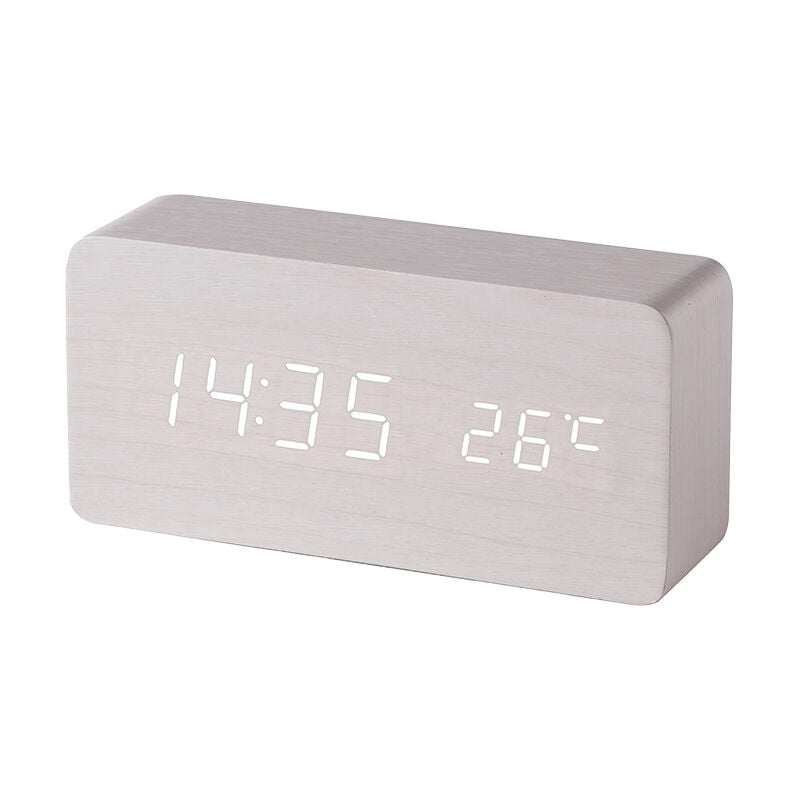 Blanc) Réveil digital en bois avec contrôle sonore par led, alimentation double par batterie usb, horloge silencieuse en bois avec led, décorations
