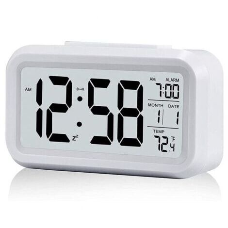 Blanc RéVeil NuméRique avec Grand Affichage LCD de la TempéRature, RéVeil Silencieux Alimenté par Batterie avec Fonction Snooze