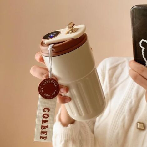 (Blanc Rouge, Blanc Café, Blanc Bleu, Argent Café)Tasse thermos à café intelligente 410ml - Acier inoxydable - Affichage de la température - Étanche