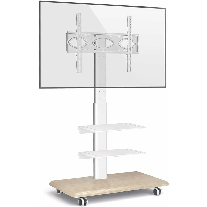 Blanc Support TV roulettes Support Tele Mobileavec avec Socle en Bois pour Télé de 26 à 65 Pouces,Réglable en Hauteur Chariot Meuble TV avec 3