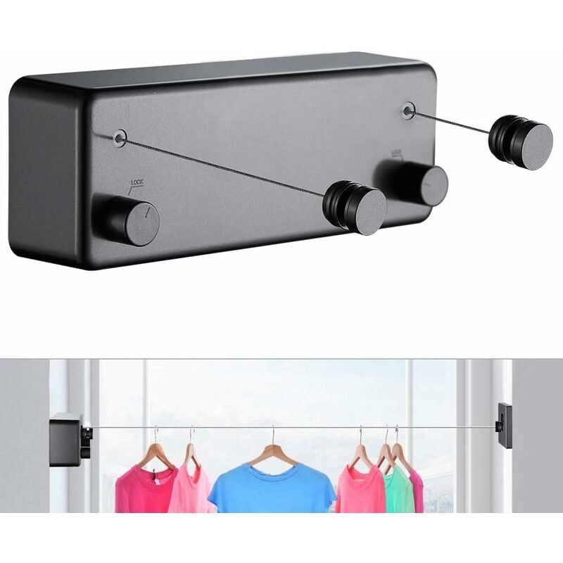 Corde à linge rétractable pour intérieur et extérieur - Robuste, 2 fils à linge de 4,2 m en acier inoxydable, fixation murale (perceuse) - Noir T