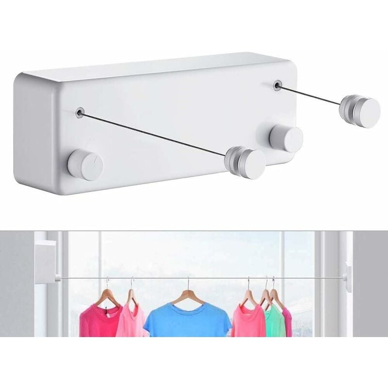 Blanc T-Corde à linge rétractable pour intérieur et extérieur - Robuste, 2 fils à linge de 4,2 m en acier inoxydable, fixation murale (perceuse)