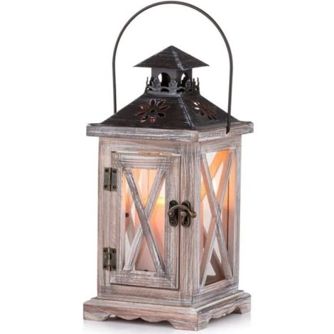 (Blanc vieilli, Métal vieilli)Lanterne en Bois Vintage - 28cm - Intérieur et Extérieur - Décoration Élégante
