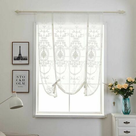 Blanc Voilage 80x120cm Semi-Transparent Polyester Floral Broderie Français Rideau 1 Panneau Rideau Longueur Réglable Décoratif Court Rideau pour Petites Fenêtres 13Thirteen
