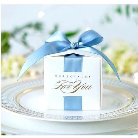 (Blanc)10 boites a dragees luxueuse For you - Ruban satin bleu ciel 6,5 X 6,5 X 6,5 cm
