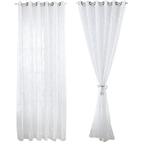 (Blanc)2 Pièces Rideaux Voilage Blanc 100x250 cm avec Motifs de Feuilles Décoration Élégante de Salon Chambre Salle à Manger