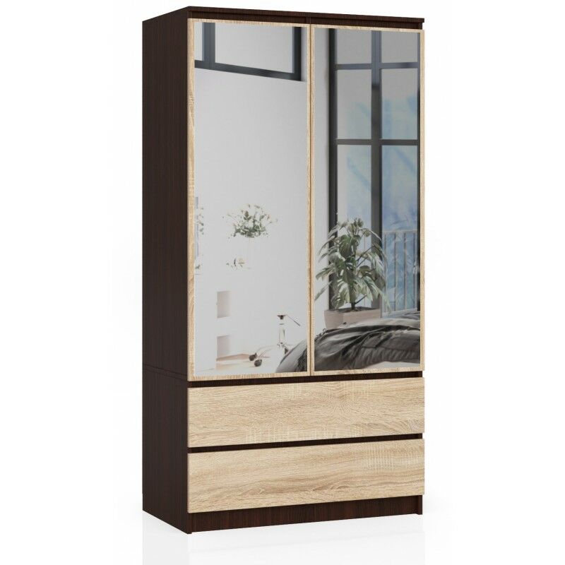 BLANCA - Armoire 2 portes style moderne chambre à coucher - 90x180x51 - 2 tiroirs - Dressing - Sonoma