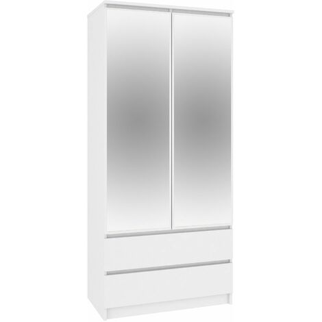 BLANCA - Armoire moderne avec miroir + 2 tiroirs - 180x90x51 cm - Barre de penderie + 4 niches de rangelent - Dressing - Blanc