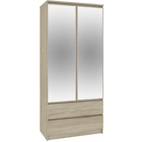 BLANCA - Armoire moderne avec miroir + 2 tiroirs - 180x90x51cm - Barre de penderie + 4 niches de rangelent - Dressing - Beige