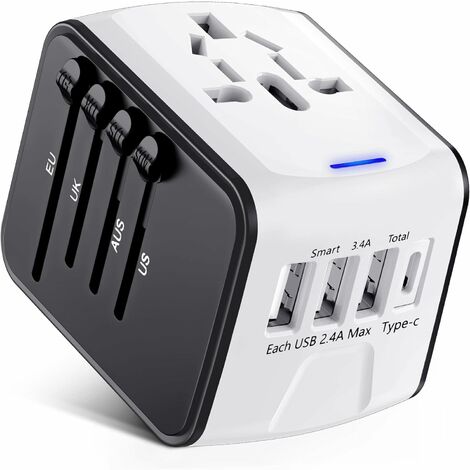 （Blanc)Adaptateur Voyage, Adaptateur Prise Universelle avec Type-C + 3 Ports USB & Prise AC, Adaptateur Prise France vers USA UK Allemagne Thaïlande Italie Australie Chine Japon