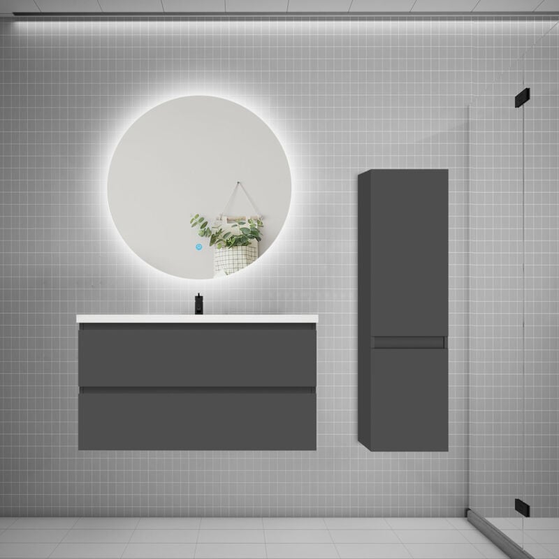 Biubiubath - Ensemble meuble de salle de bain et lavabo anthracite (L.100cm) 2 tiroirs + meuble haut + lavabo + miroir rond led
