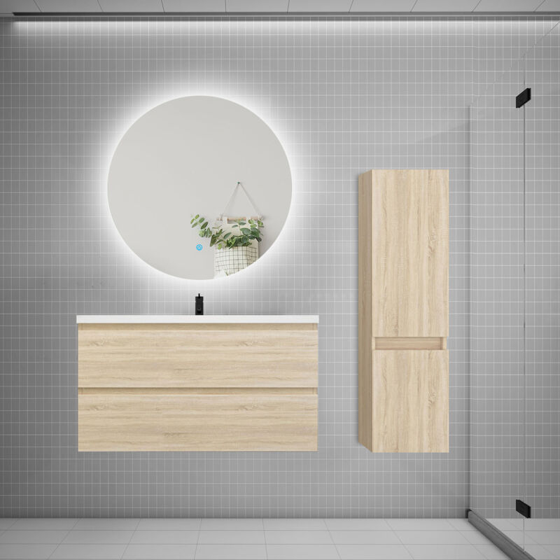 Biubiubath - Ensemble meuble de salle de bain et lavabo chêne (L.100cm) 2 tiroirs + meuble haut + lavabo + miroir rond led