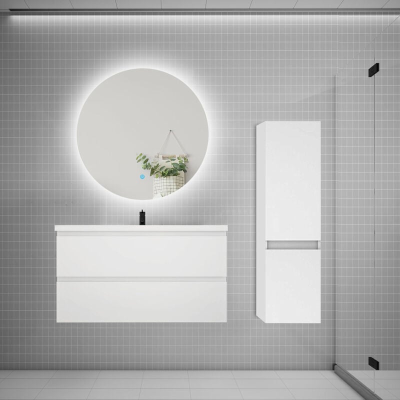 Biubiubath - Ensemble meuble de salle de bain et lavabo blanc (L.100cm) 2 tiroirs + meuble haut + lavabo + miroir rond led