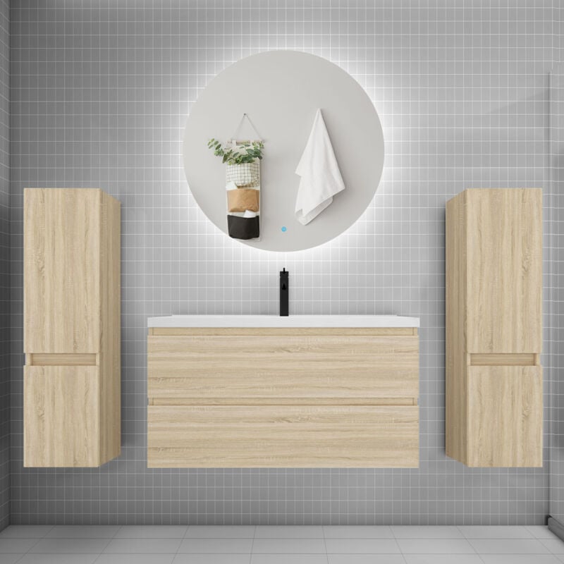 Biubiubath - Ensemble meuble de salle de bain et lavabo chêne (L.100cm) 2 tiroirs + meuble haut2 + lavabo + miroir rond led