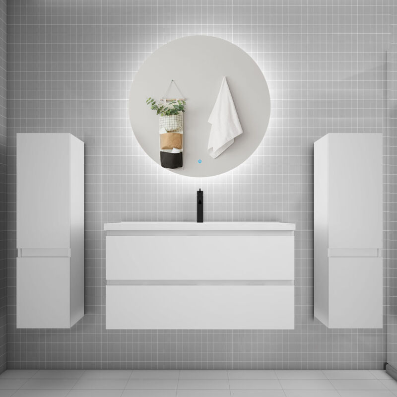 Biubiubath - Ensemble meuble de salle de bain et lavabo blanc (L.100cm) 2 tiroirs + meuble haut2 + lavabo + miroir rond led