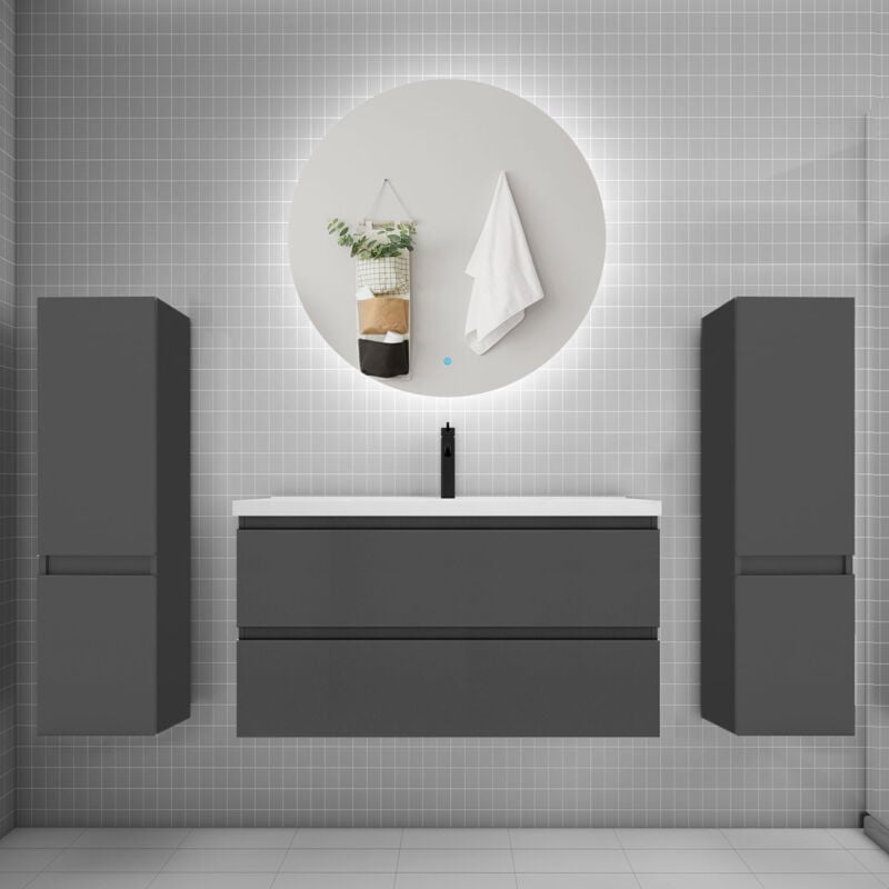 Biubiubath - Ensemble meuble de salle de bain et lavabo anthracite (L.100cm) 2 tiroirs + meuble haut2 + lavabo + miroir rond led