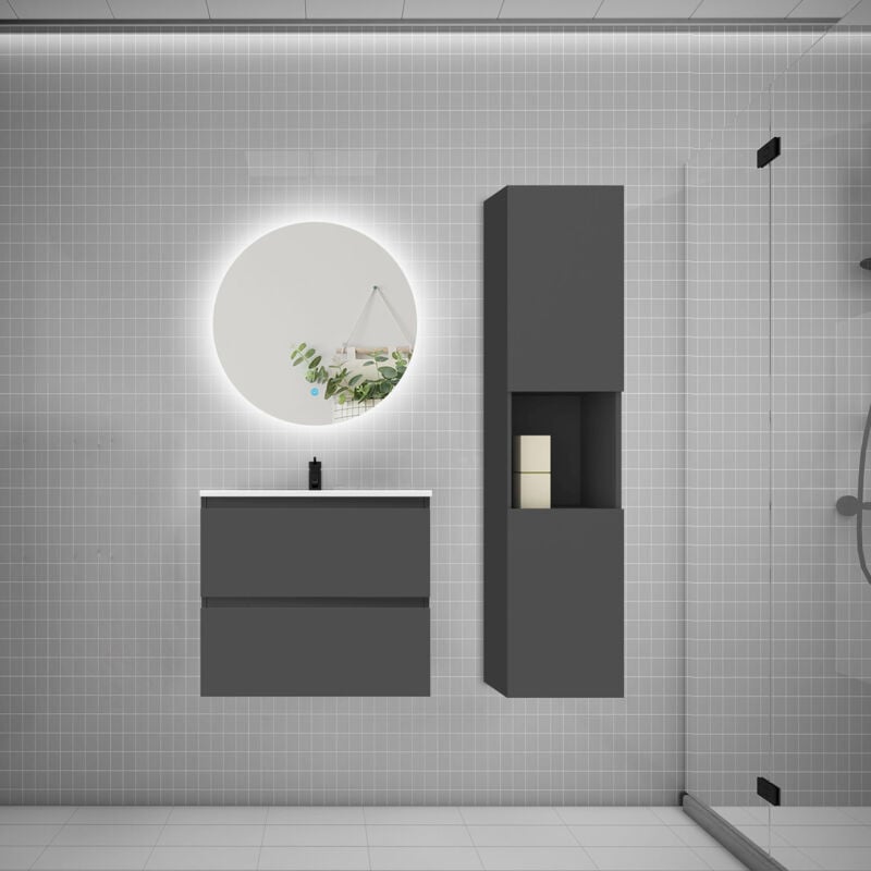 Biubiubath - Ensemble meuble anthracite et vasque L.60cm 2 tiroirs + colonne1 haut + lavabo + miroir 60x60cm-suspendu