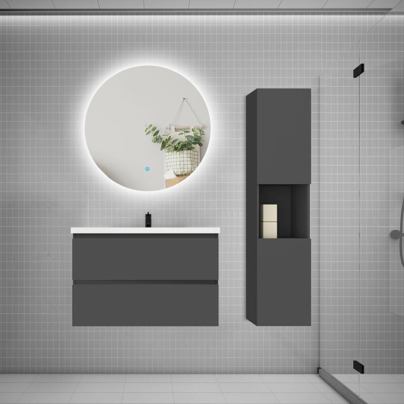Biubiubath - Ensemble meuble anthracite et vasque L.80cm 2 tiroirs + colonne1 haut + lavabo + miroir 60x60cm-suspendu