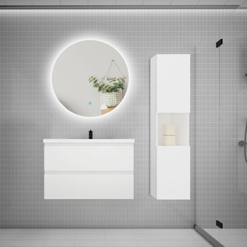 Biubiubath - Ensemble meuble blanc et vasque L.80cm 2 tiroirs + colonne1 haut + lavabo + miroir 60x60cm-suspendu
