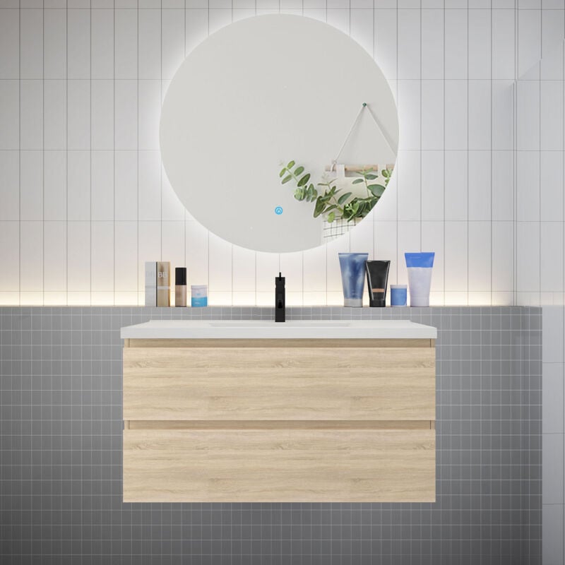Biubiubath - Meuble de salle de bain à 2 tiroirs avec lavabo et miroir rond multifonctionnel led - chêne L.100cm suspendu