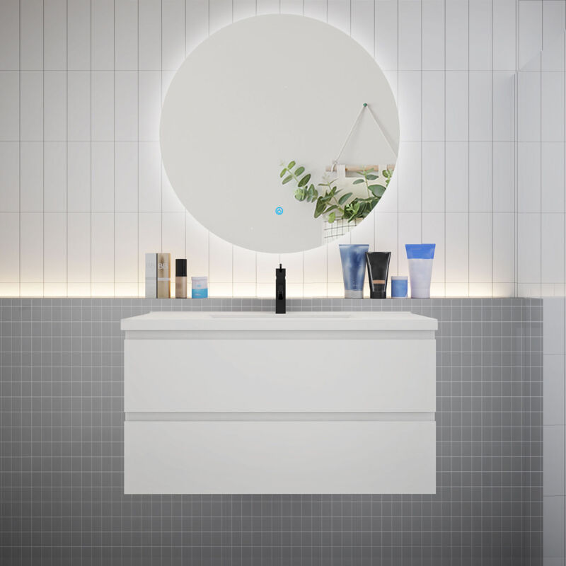 Biubiubath - Meuble de salle de bain à 2 tiroirs avec lavabo et miroir rond multifonctionnel led - blanc L.100cm suspendu