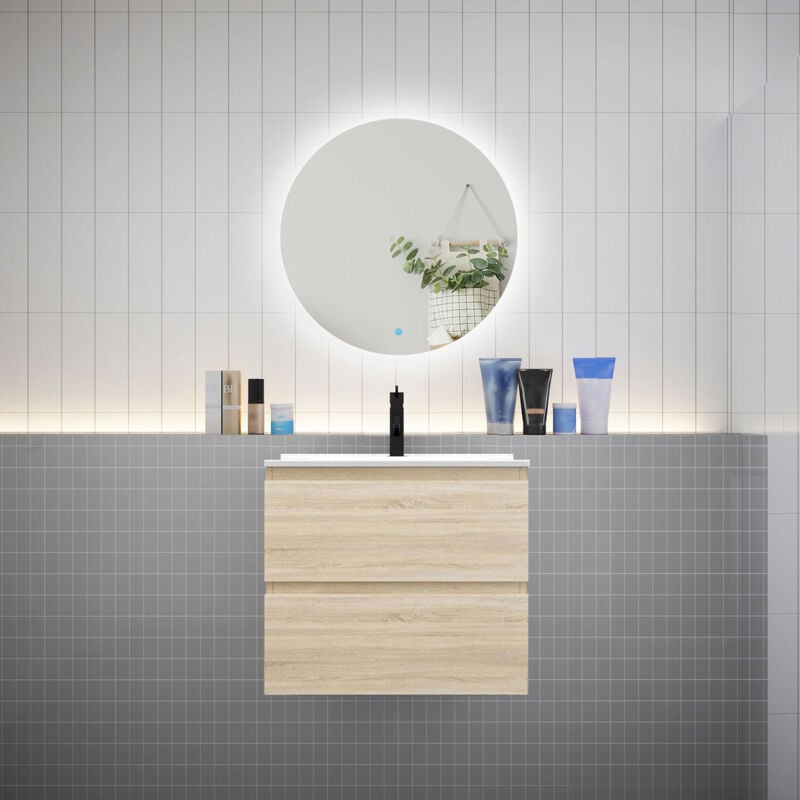 Biubiubath - Meuble de salle de bain à 2 tiroirs avec lavabo et miroir rond multifonctionnel led - chêne L.60cm suspendu