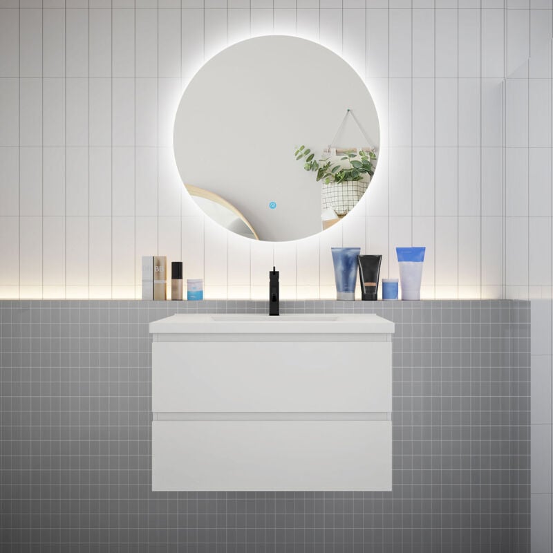 Biubiubath - Meuble de salle de bain à 2 tiroirs avec lavabo et miroir rond multifonctionnel led - blanc L.80cm suspendu