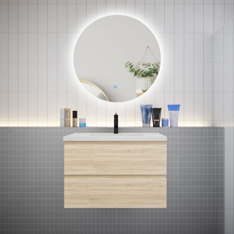 Meuble de salle de bain à 2 tiroirs avec lavabo et miroir rond multifonctionnel LED - chêne L.80cm suspendu