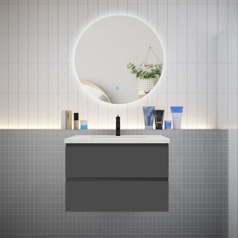 Meuble de salle de bain à 2 tiroirs avec lavabo et miroir rond multifonctionnel LED - anthracite L.80cm suspendu