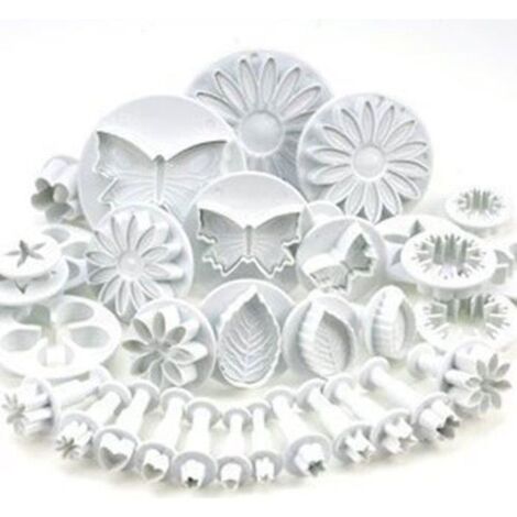 (Blanc)AST Ensemble de 33 ustensiles pour décoration de gâteau / emporte-pièces avec poussoirs/ feuilles et diverses formes