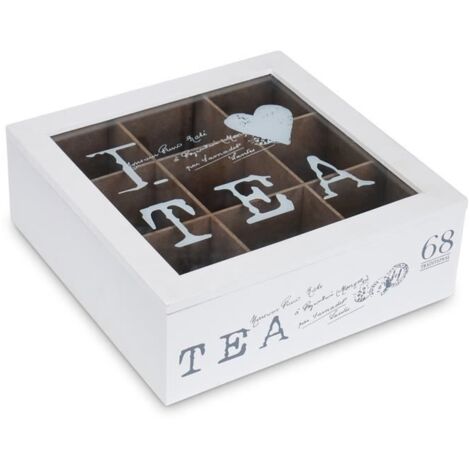 (blanc)Boîte à thé en bois avec 9 cloisons, boîte à thé avec couvercle en verre