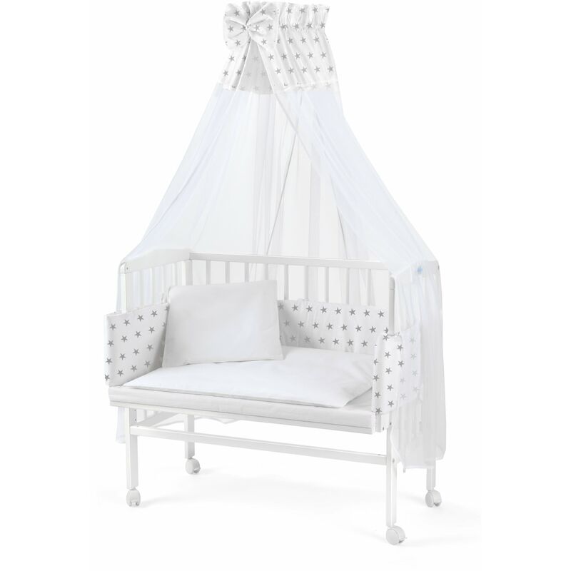 Waldin - Lit cododo berceau pour bébé,hauteur réglable, bois de hêtre massif:blanc/gris étoile, Peint en blanc