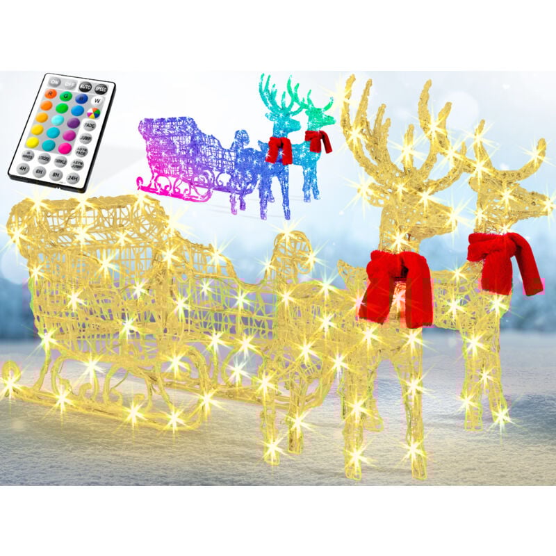 KESSER® 240 LED Rennes avec traîneau blanc Minuterie Lumières de Noël pour l'extérieur et l'intérieur Décorations de Noël Coloré,RGB LED