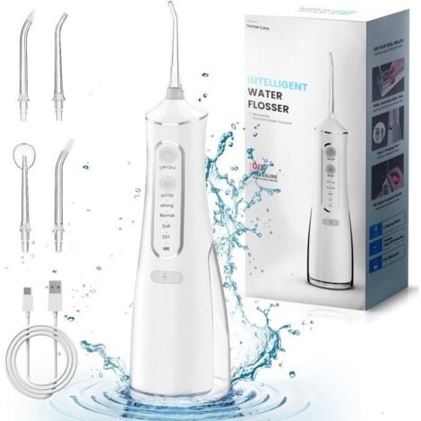 (Blanc)Hydropulseur Jet Dentaire Sans Fil 300 ML - 5 Buses - 4 Modes