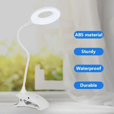 (Blanc)Lampe LED Pince à clipser - Rechargeable USB - 3 niveaux de luminosité - Design contemporain