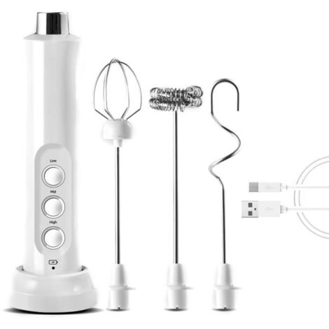 (Blanc)Mousseur à Lait Électrique 3 Vitesses - USB Rechargeable - 3 types de têtes